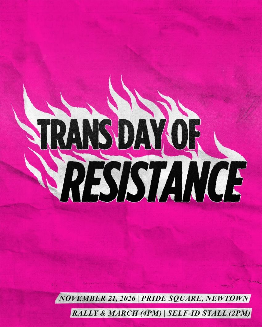 Artwork and image for event "Trans Day of Resistance Rally and March" 2pm Self-ID stall, 4pm Rally and March 21/11/2026 Pride Square, 1A Bedford St, Newtown NSW 2042