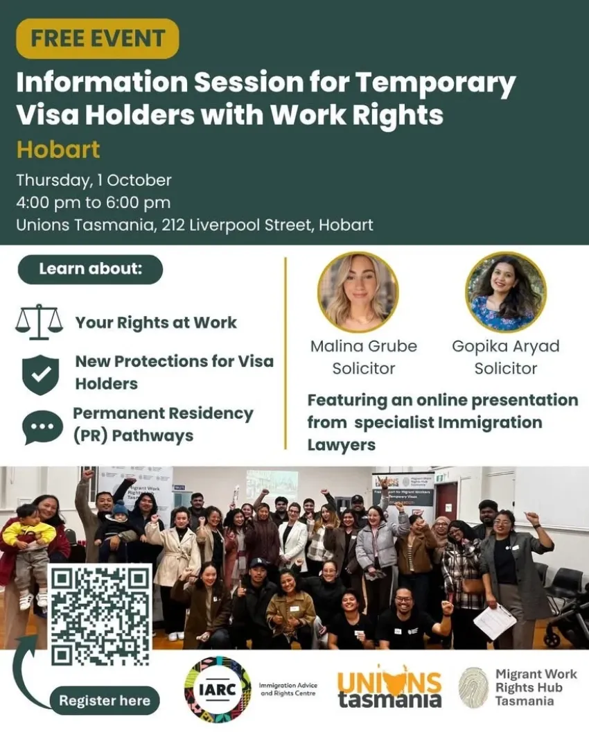 Artwork and image for event "Information Session for Temporary Visa Holders with Work Rights" 4pm-6pm 01/10/2026 Unions Tasmania, 212 Liverpool St, Nipalluna Lutruwita 7000