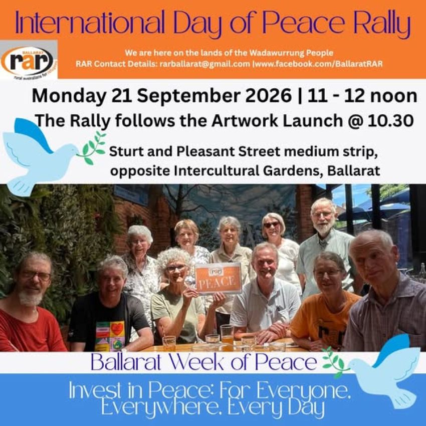 Artwork and image for event "International Day of Peace Rally – Ballaarat" 11am-12pm 21/09/2026 Sturt St & Pleasant St, Ballaarat VIC 3350