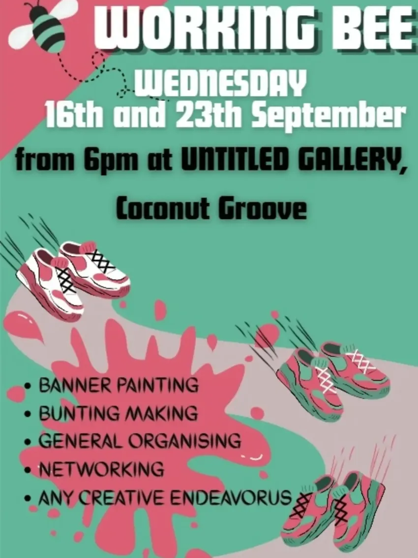 Artwork and image for event "Palestine Fun Run Working Bee" 6pm-8pm 16/09/2026 and 23/09/2026 Darwin Community Arts, UNTITLED gallery+studio space, 3/1 Caryota Court, Coconut Grove NT 0810