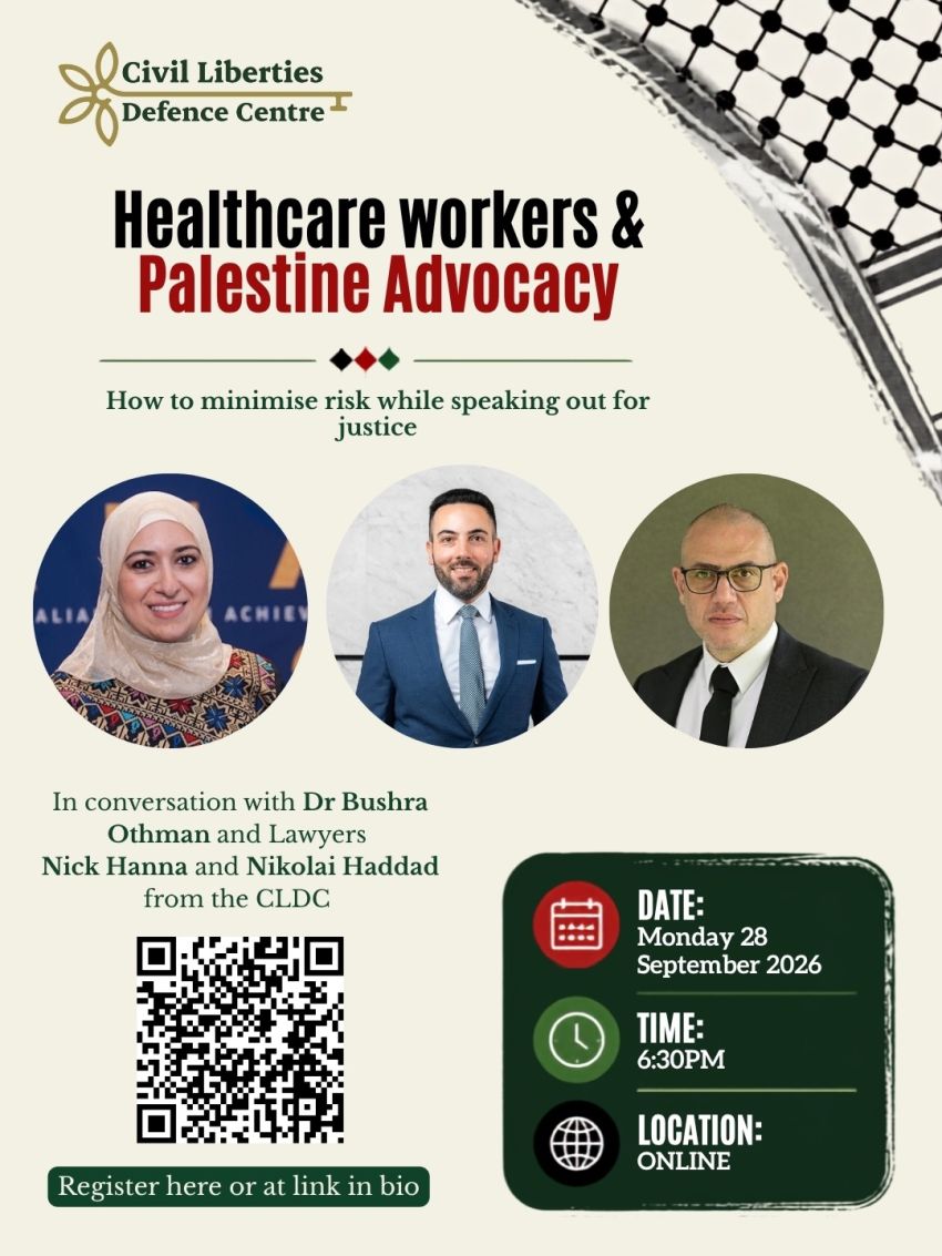 Artwork and image foe event "Webinar: Healthcare workers & Palestine Advocacy" 6:30pm 28/09/2026 online, register at trybooking.com/au/event/1651740