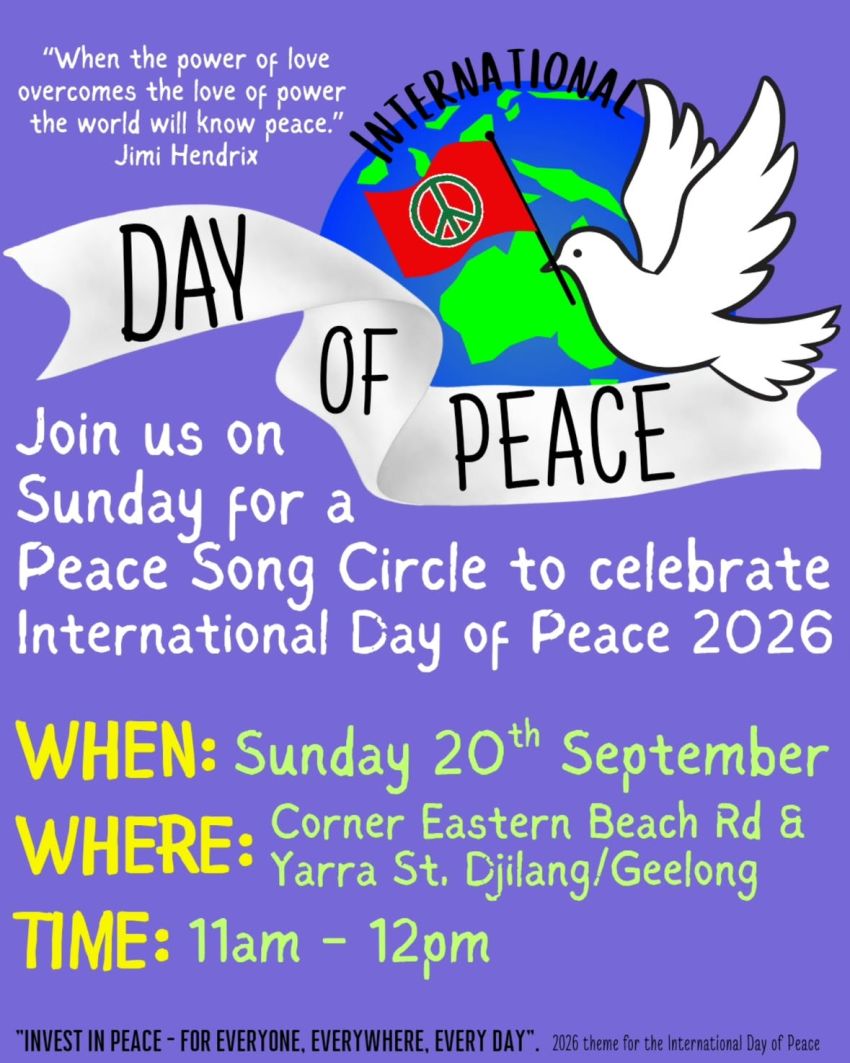Artwork and image for event "International Day of Peace – Djilang" 11am-12pm 20/09/2026 Yarra St & Eastern Beach Rd, Geelong VIC 3220