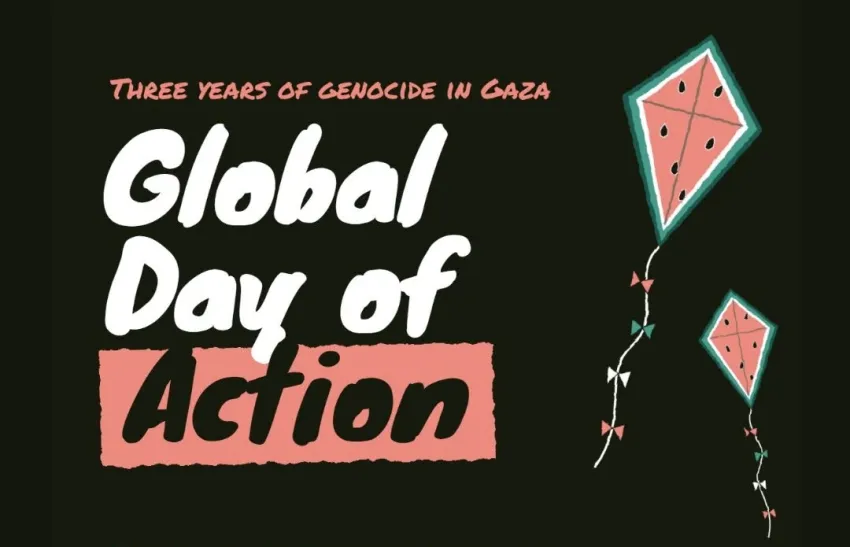 Artwork and image for event "Global Day for Gaza: 3 Years of Genocide and Resistance – Gurambilbarra, Townsville" 3:30pm-6:30pm 11/10/2026 Jezzine Barracks Parade Ground, Mitchell Street, North Ward, Gurambilbarra, Townsville, Queensland 4810