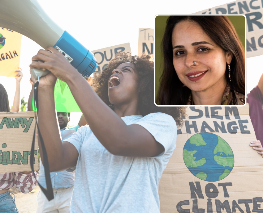 Protest in background and inset picture of Ayesha Ahmad
