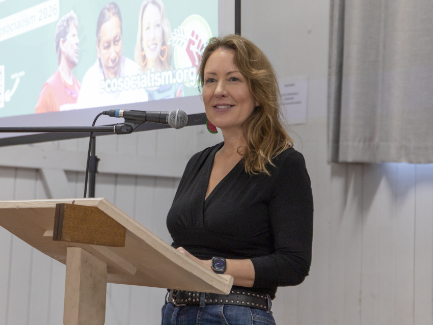 Abigail Boyd adressing the “Breaking AUKUS: Australian Imperialism in the Asia Pacific” panel at the Ecosocialism 2026 conference, Magan-djin/Brisbane.