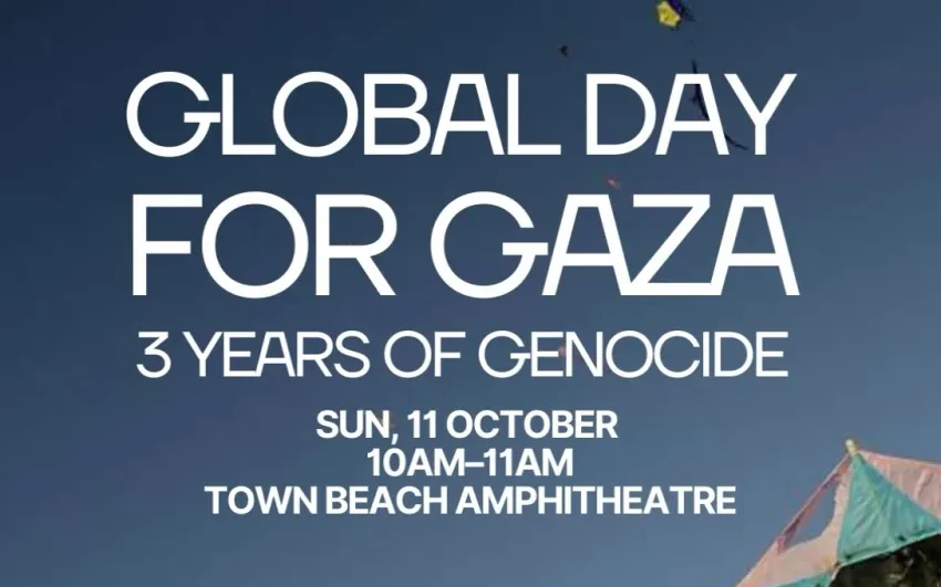 Artwork and image for event "Global Day for Gaza: 3 Years of Genocide and Resistance – Port Macquarie" 10am-11am Town Beach Amphitheatre, Alban Pl, Port Macquarie NSW 2444