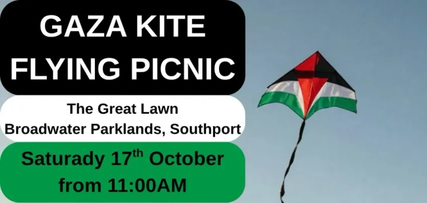 Artwork and image for event "Gaza Kite Flying Picnic" 11am 17/10/2026 The Great Lawn, Marine Parade, Southport QLD 4215