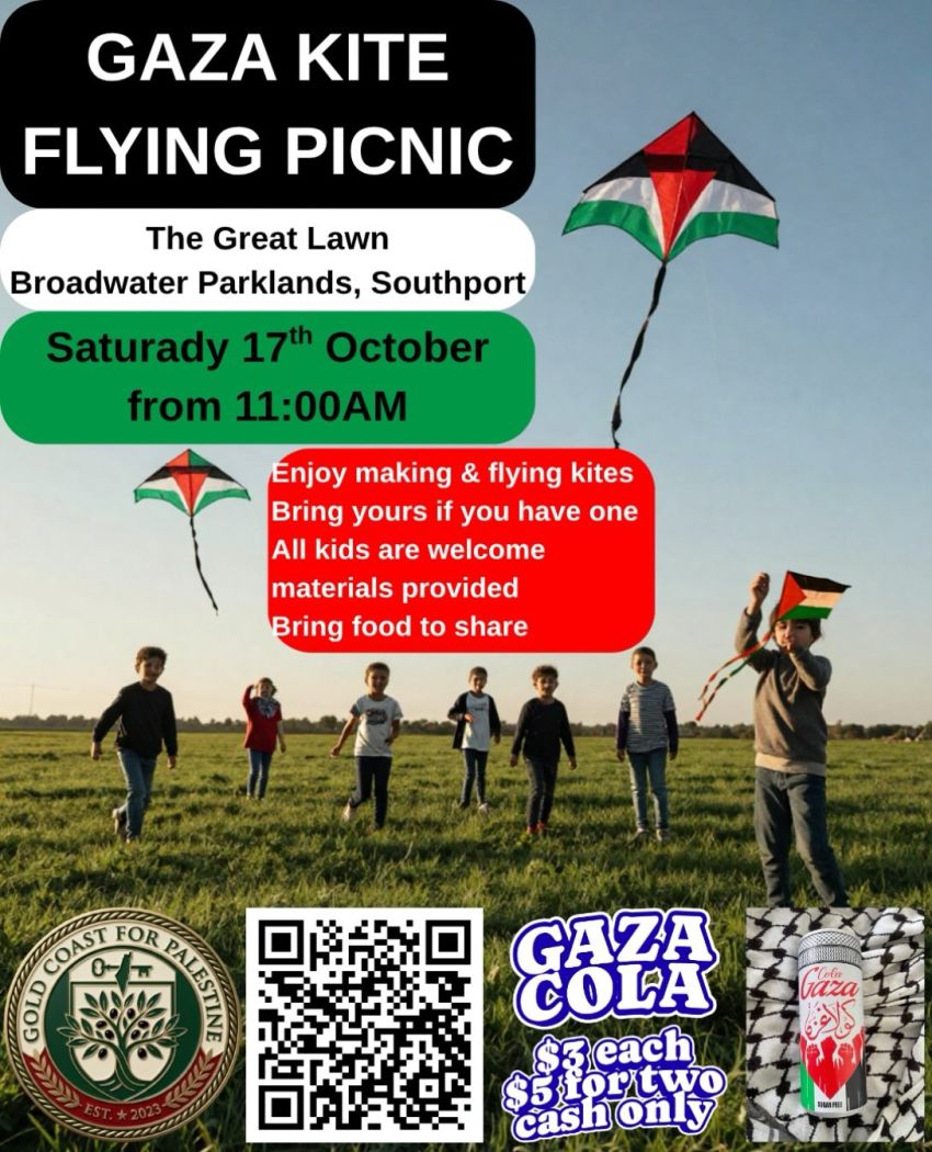 Artwork and image for event "Gaza Kite Flying Picnic" 11am 17/10/2026 The Great Lawn, Marine Parade, Southport QLD 4215