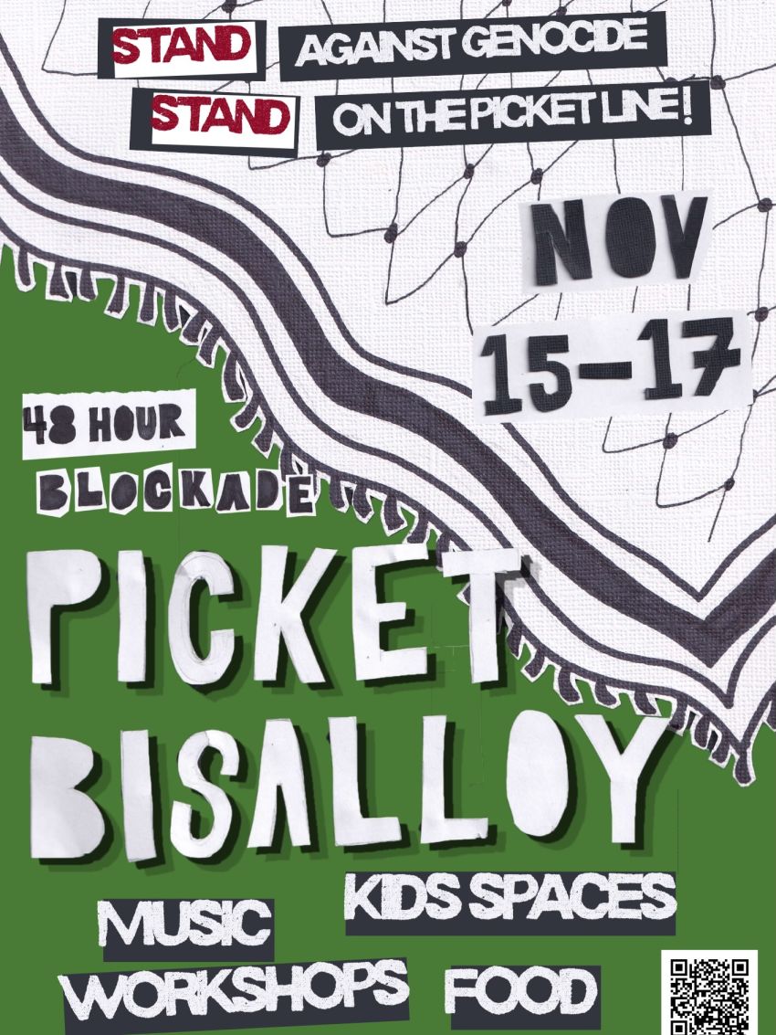 Artwork and image for event "Picket Bisalloy 48 Hour Blockade: No Illawarra steel for genocide" 15/11/2026 to 17/11/2026 Bisalloy Steels, 18 Resolution Dr, Unanderra NSW 2526