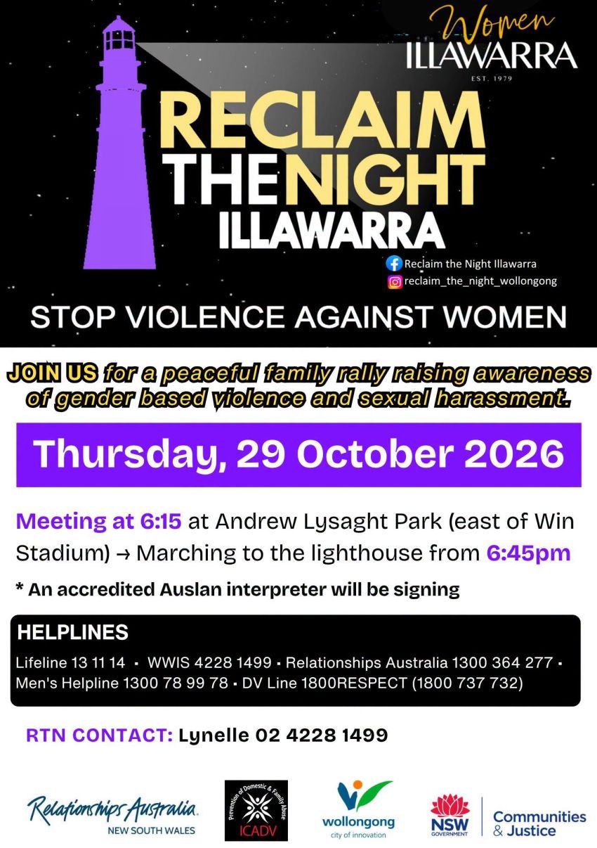 Artwork and image for event "Reclaim the Night Illawarra 2026" 6:15pm Andrew Lysaght Park, Crown St, Wollongong NSW 2500