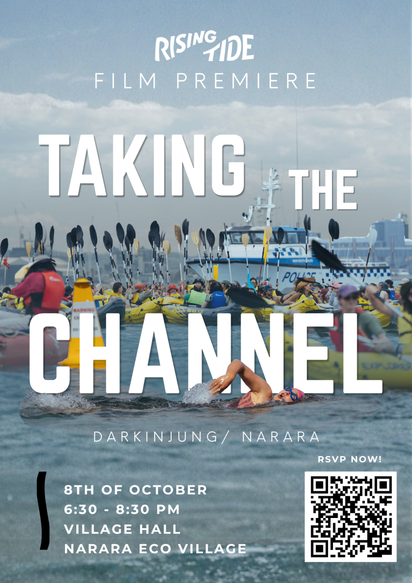 Artwork and image for event "Film Premiere: Taking The Channel – Darkinjung / Narara" 6:30pm 08/10/2026 Village Hall, Narara Eco village, 33 Gugandi Rd, Narara, NSW 2250