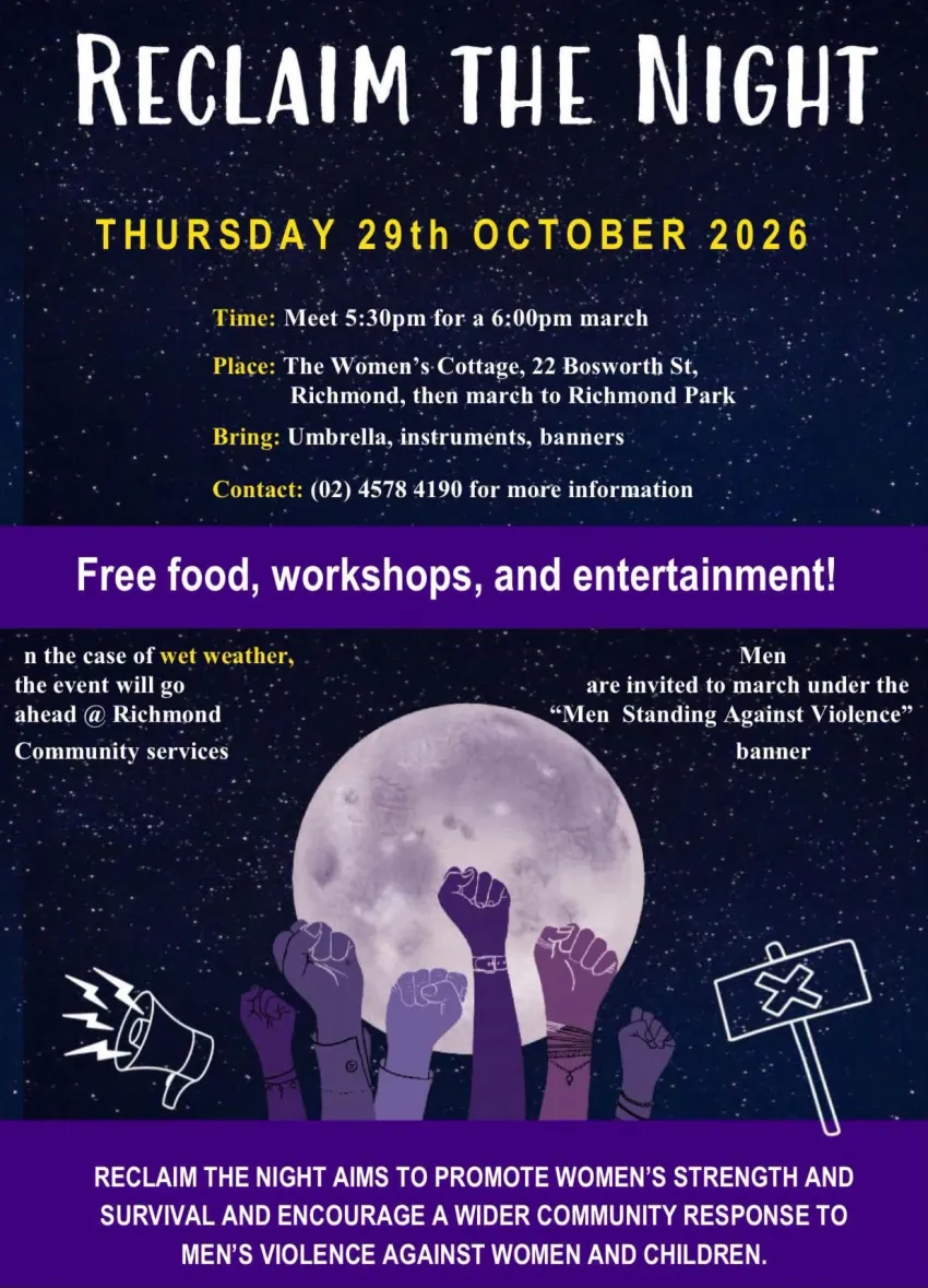 Artwork and image for event "Reclaim the Night Richmond 2026" 5:30pm 29/10/2026 The Women's Cottage, 22 Bosworth St, Richmond NSW 2753