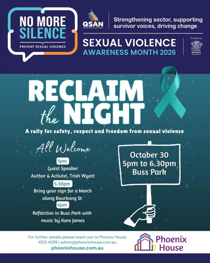 Artwork and image for event "Reclaim the Night Rally Bundaberg 2026" 5pm 30/10/2026, Buss Park, 194 Bourbong St, Bundaberg Central QLD 4670