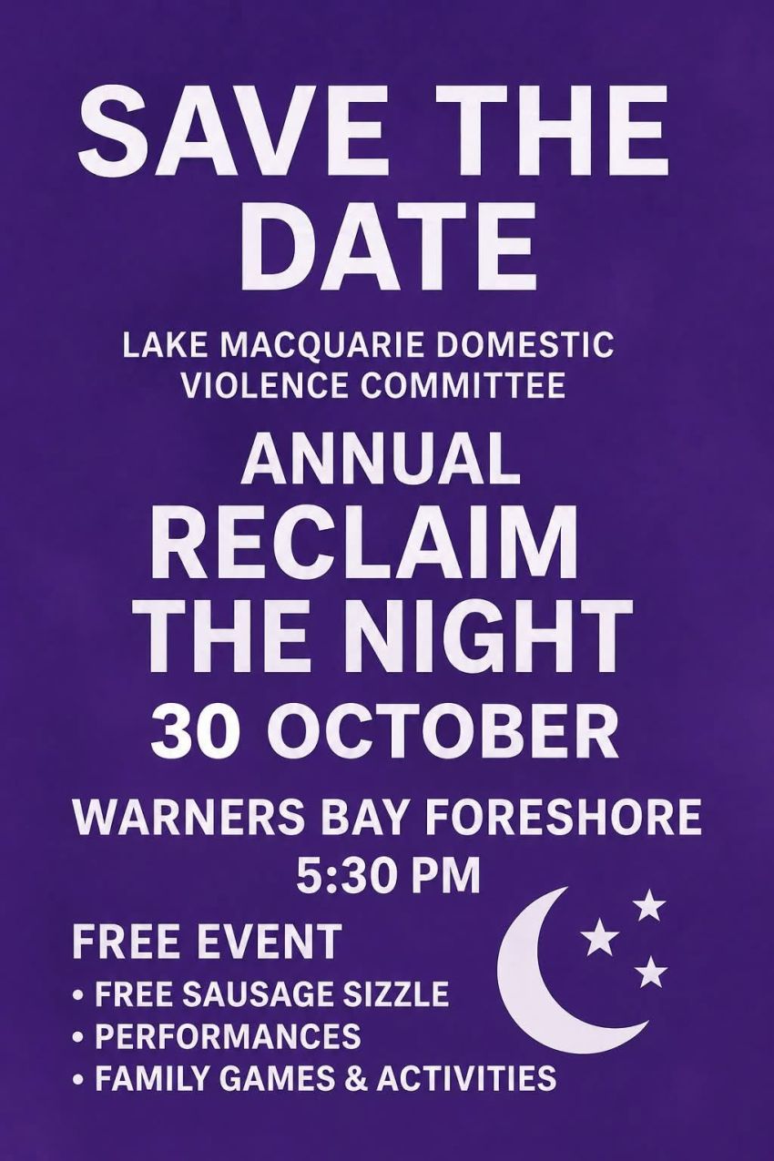 Artwork and image for event "Reclaim the Night Lake Macquarie 2026" 5:30pm 30/10/2026 Warners Bay Foreshoe, The Esplanade, Warners Bay NSW 2282