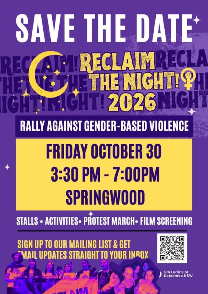 Artwork and image for event "Blue Mountains Reclaim the Night 2026" 3:30pm-6:45pm Blue Mountains Theatre & Community Hub, 106-108 Macquarie Rd, Springwood NSW 2777