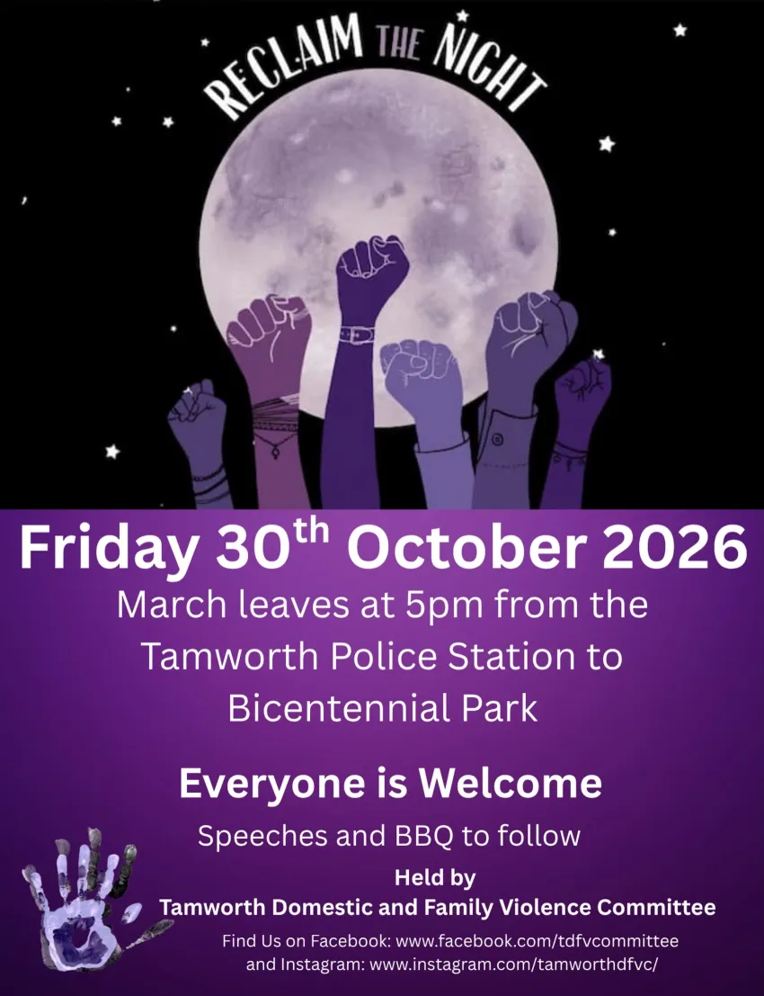 Artwork and image for event "Reclaim the Night Tamworth 2026" 5pm Tamworth Police Station, Tamworth Police Station, 40/42 Fitzroy St, Tamworth NSW 2340