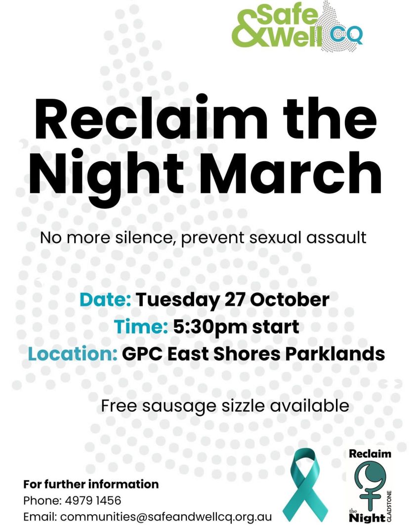 Artwork and image for event "Reclaim the Night Gladstone 2026" 5:30pm 27/10/2026 GPC East Shores Parklands, Flinders Parade, Gladstone Central QLD 4680