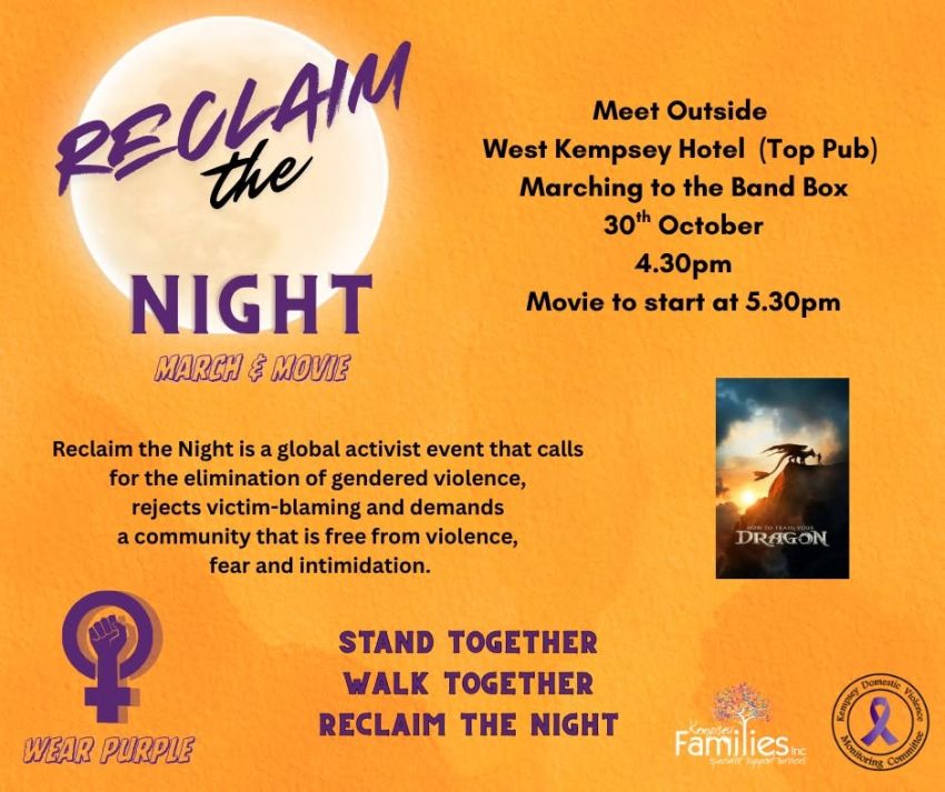 Artwork and image for event "Kempsey 2026 Reclaim the Night March and Movie" 4:30pm 30/10/2026 West Kempsey Hotel, 43 Elbow St, West Kempsey NSW 2440