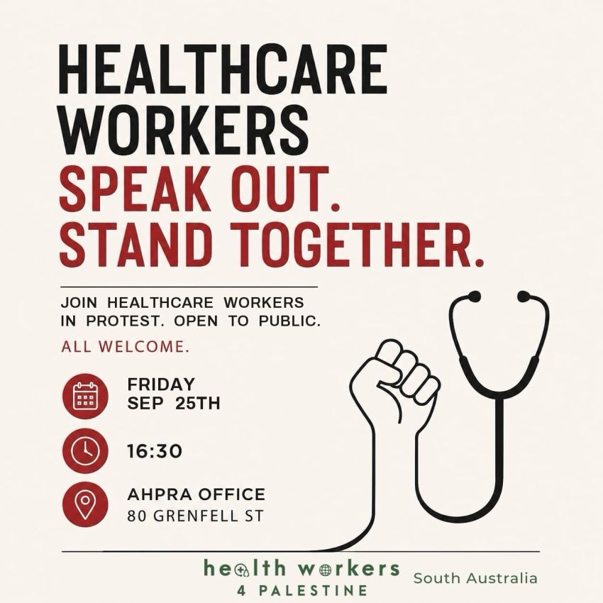 Artwork and image for event "Healthcare Workers Speak Out – Stand Together" 4:30pm 25/09/2026 AHPRA office, 80 Grenfell St, Adelaide SA 5000