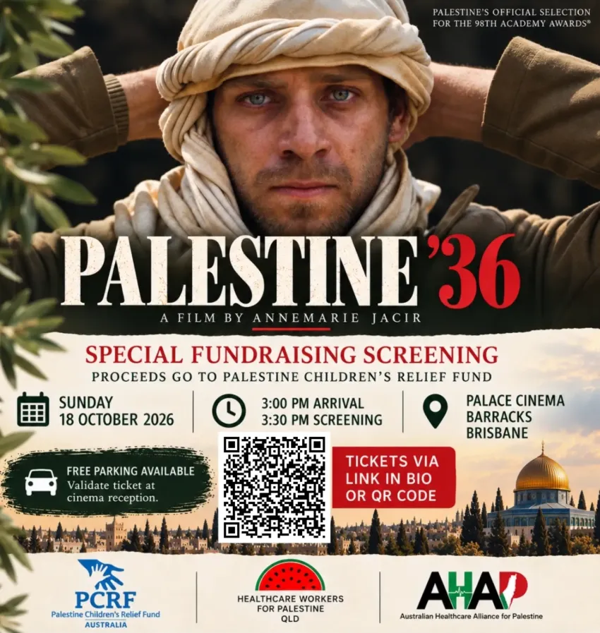 Artwork and image for event "Palestine '36 – Special Fundraising Screening" 4pm-5:30pm 18/10/2026 Palace Barracks, 61 Petrie Terrace, QLD 4000