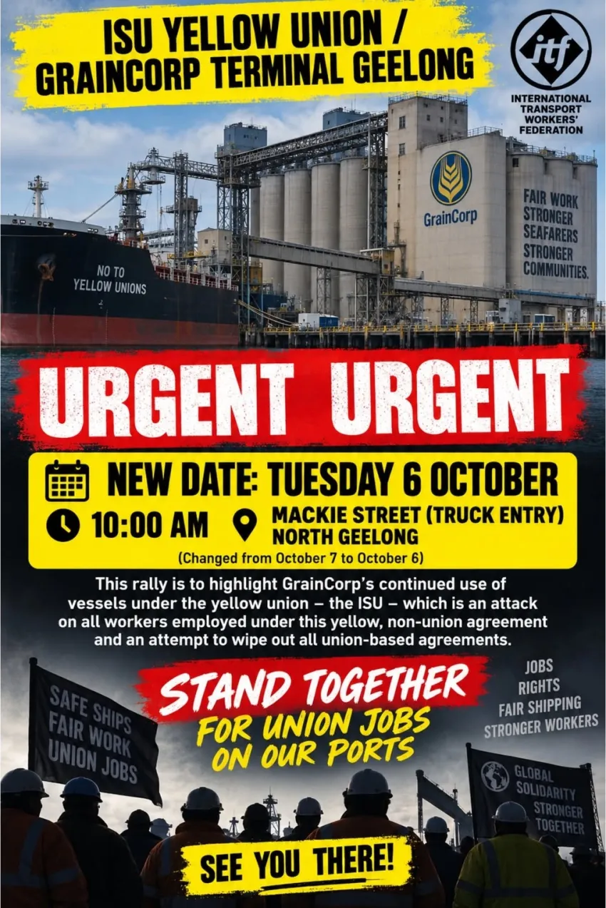 Artwork and image for event "Stand Together for Union Jobs and Our Ports" 10am 06/10/2026 Graincorp Geelong (Bulk Grain Pier), 49 Mackey St, North Geelong VIC 3215