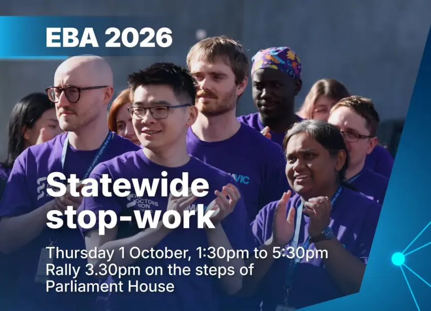 Artwork and image for event "Victorian public hospital doctors statewide stop-work rally" 3:30pm 01/10/2026 Parliament of Victoria, Spring St, East Melbourne VIC 3002