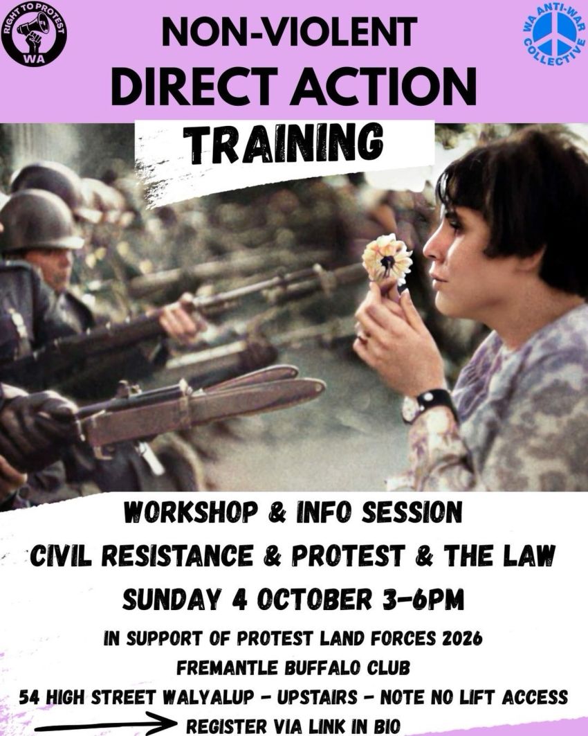 Artwork and image for event "Non-violent direct action training" 3pm-6pm 04/10/2026 Fremantle Buffalo Club, 54 High St, Walyalup / Fremantle WA 6160