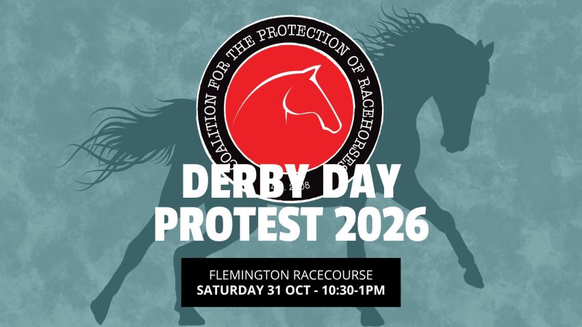 Artwork and image for event "Derby Day Protest 2026" 10:30am-1pm 31/10/2026 
