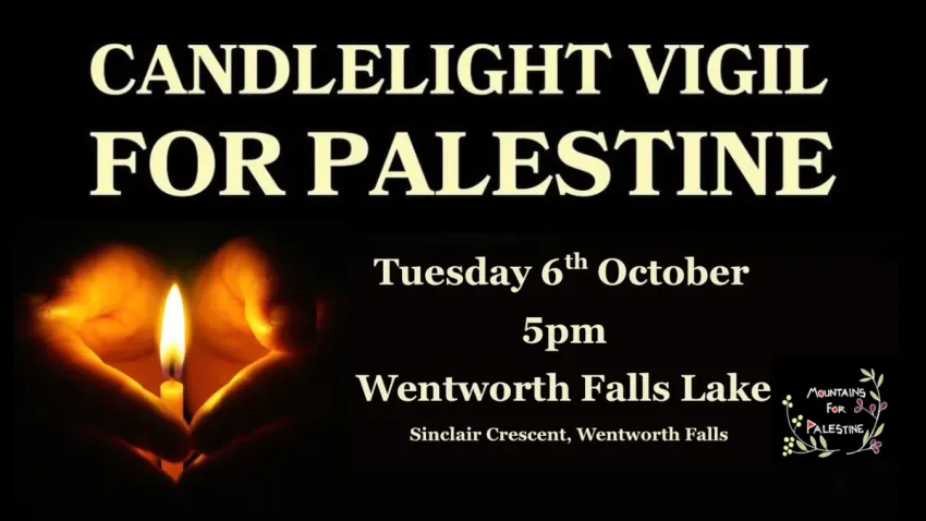 Artwork and image for event "Candlelight Vigil for Palestine" 5pm 06/10/2026 Wentworth Falls Lake, Sinclair Cres, Wentworth Falls NSW 2782