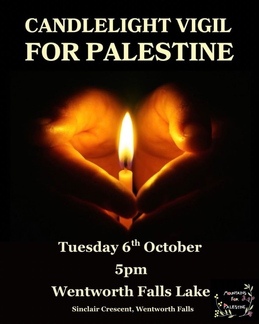 Artwork and image for event "Candlelight Vigil for Palestine" 5pm 06/10/2026 Wentworth Falls Lake, Sinclair Cres, Wentworth Falls NSW 2782