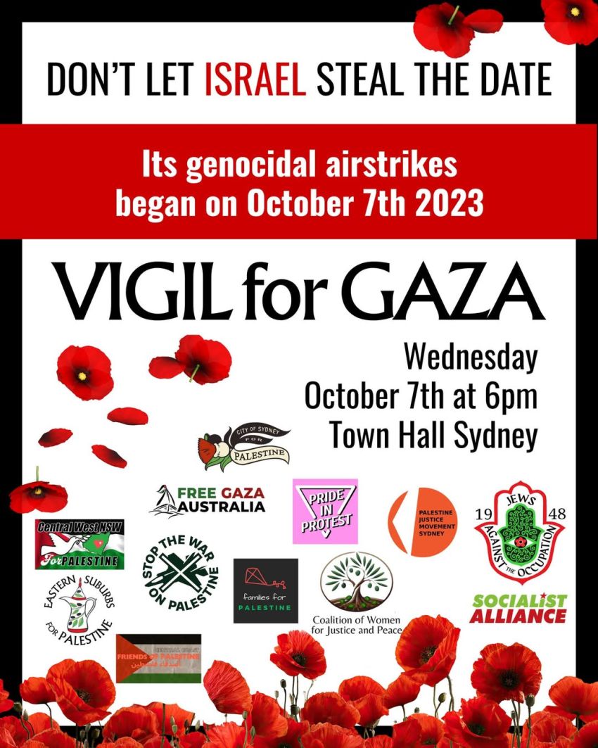 Artwork and image for event "Vigil for Gaza – Gadigal Country" 6pm 07/10/2026 Sydney Town Hall, 483 George St, Gadigal Country, Sydney NSW 2000