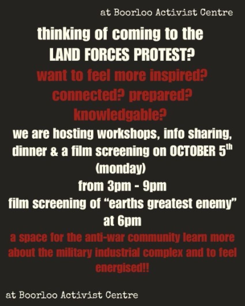 Artwork and image for event "Land Forces Protest Community Day: Info, Workshops and Film"