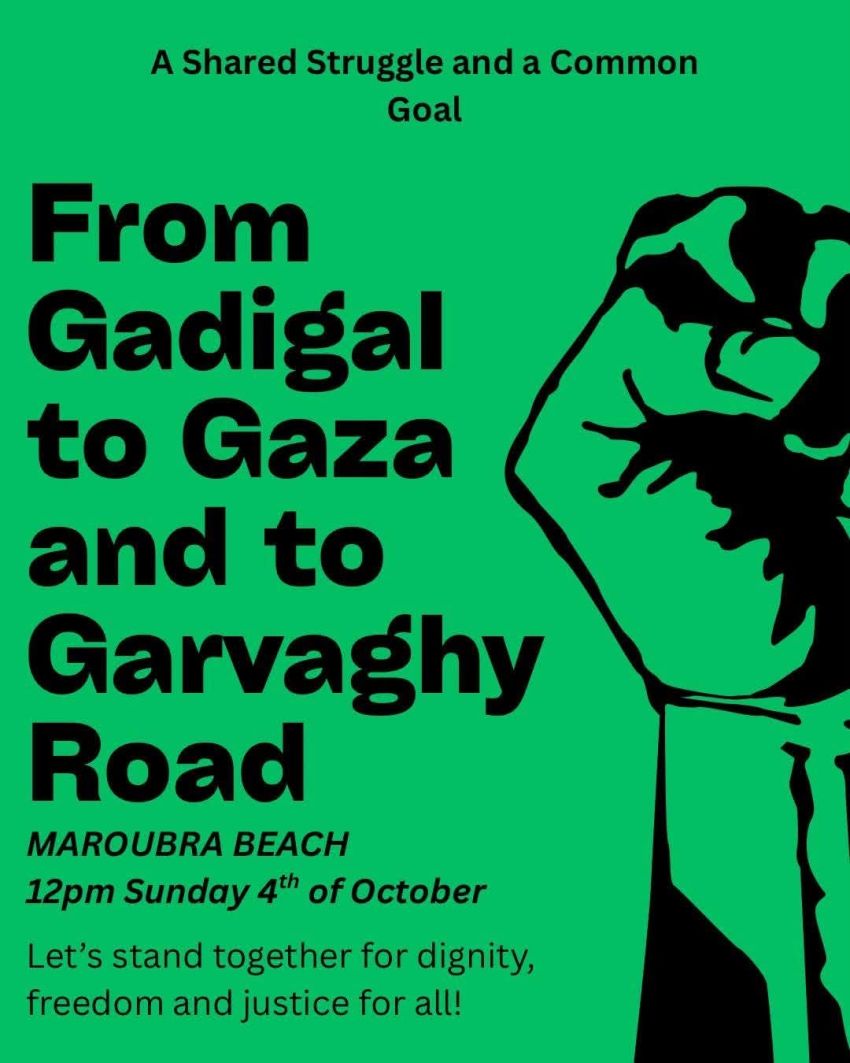 Artwork and image for event "From Gadigal to Gaza and to Garvaghy Road" 12pm 04/10/2026 Maroubra Beach, Maroubra NSW 2035