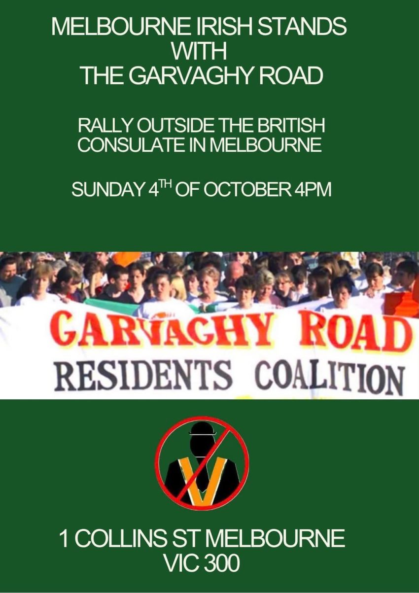 Artwork and image for event "Melbourne Irish Stands with the Garvaghy Road" 4pm 04/10/2026 British Consulate General Melbourne, Level 15/1 Collins St, Naarm / Melbourne VIC 3000