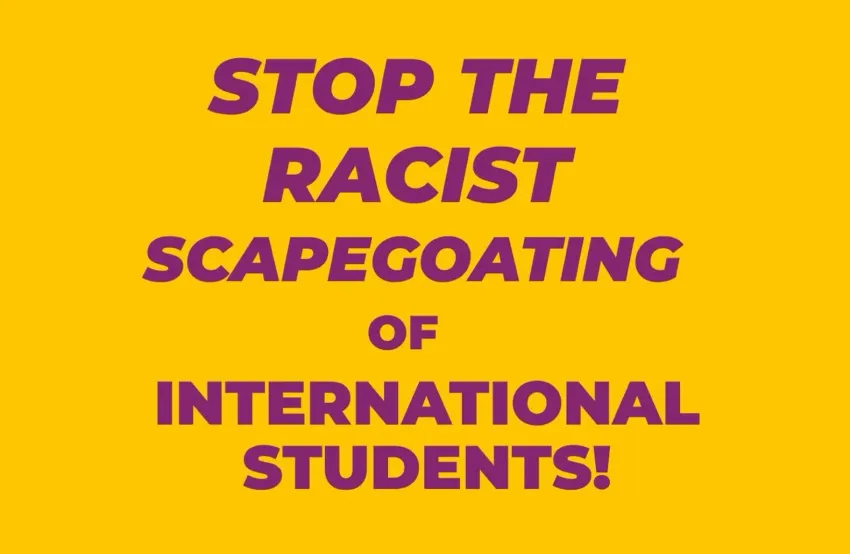 Artwork and image for event "Public meeting: Stop the Racists Scapegoating of International Students" 2pm 09/10/2026 Baillieu Library, Project Room 5, University of Melbourne, Parkville VIC 3010