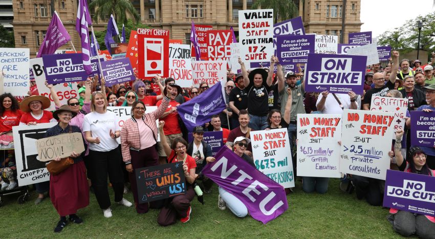 NTEU members rallying in Magan-djin/Brisbane, October 10