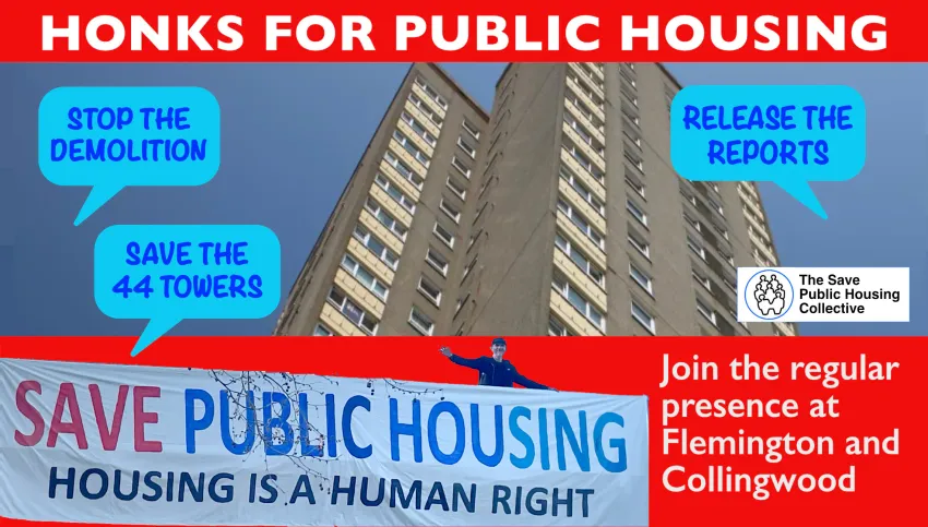 Artwork and image for events "Honk for Public Housing" in Collingwood and Flemington