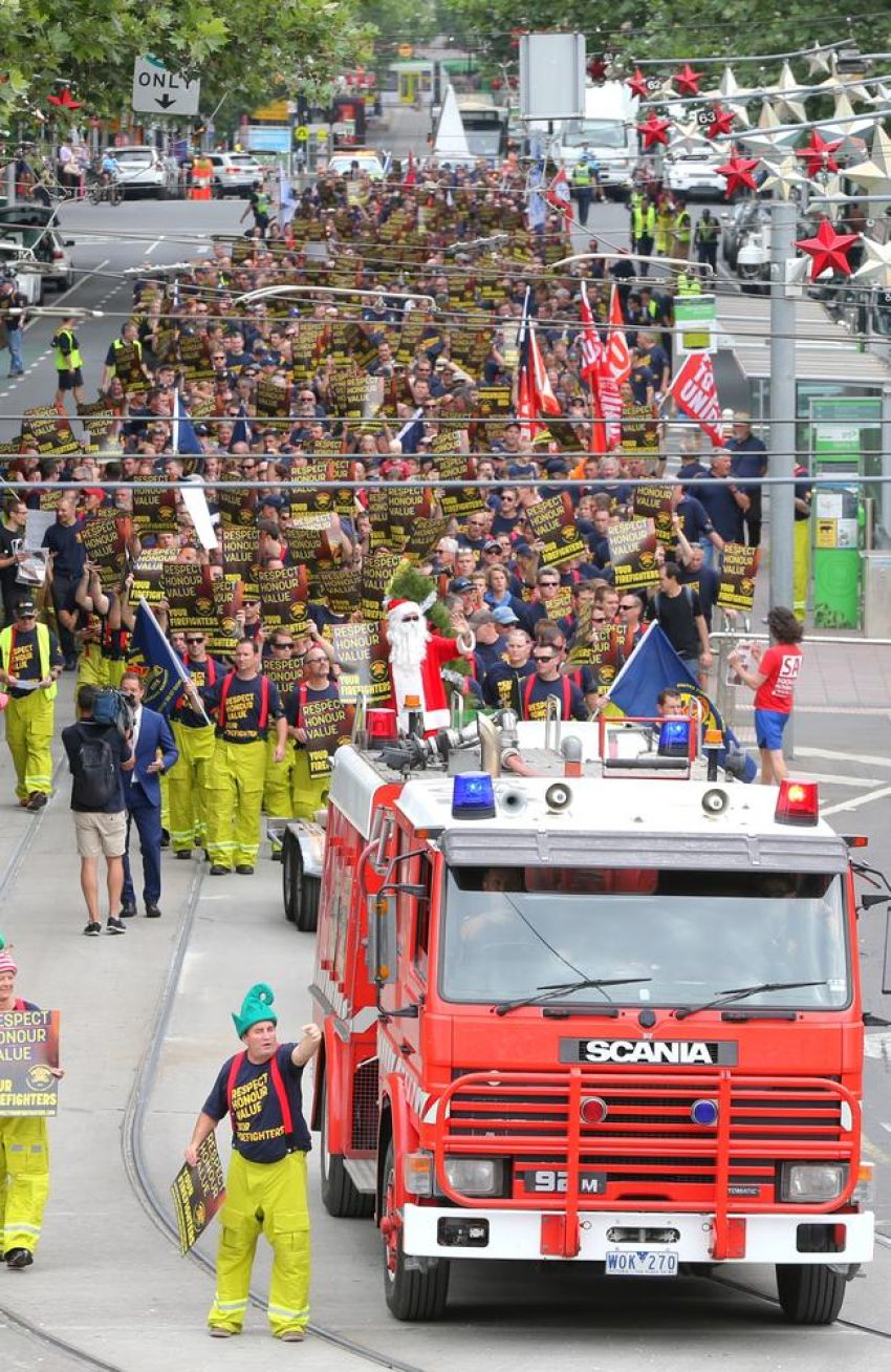 Firefighters marching, Melbourne, December 8 2015.