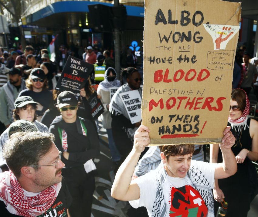 Albo, Wong, ALP, blood on your hands, Naarm/Melbourne, May 12 Albo, Wong, ALP, blood on your hands, Naarm/Melbourne, May 12