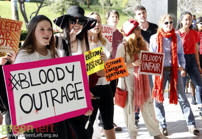Bloody outrage, Axe the Tax on Tampons rally August 14, 2015.