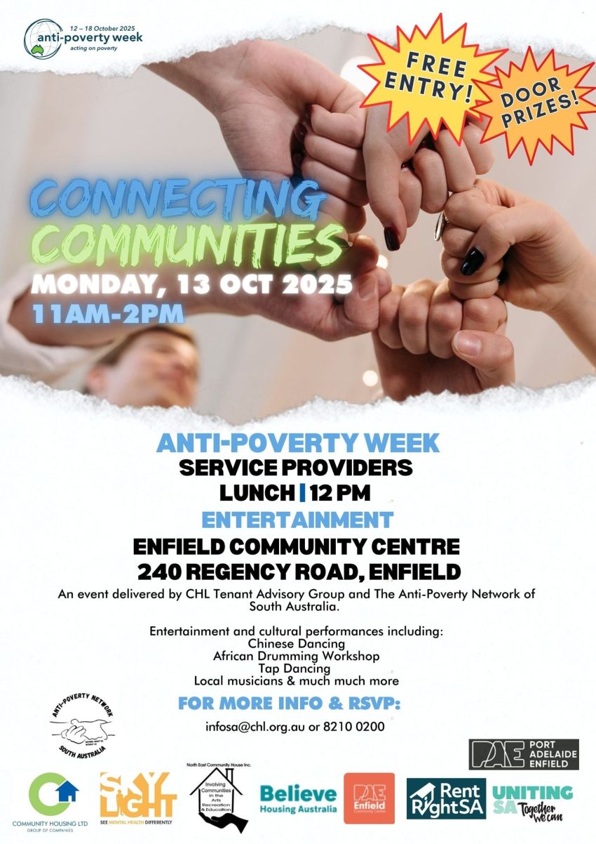 Graphic: 'Connecting Communities' Anti-Poverty Week Community Lunch + Gathering 13/09/2025