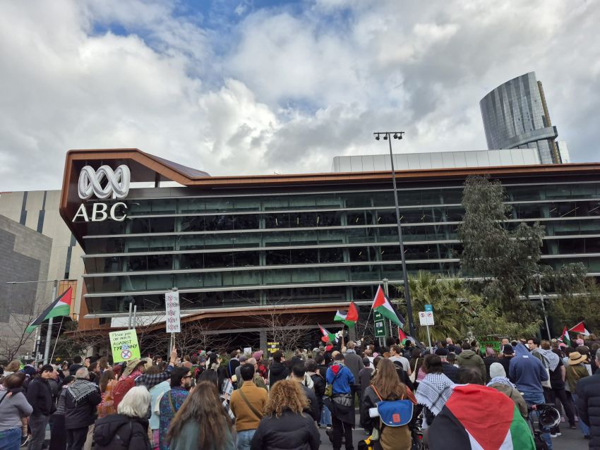 Protesting outside the ABC, Naarm/Melbourne, August 17