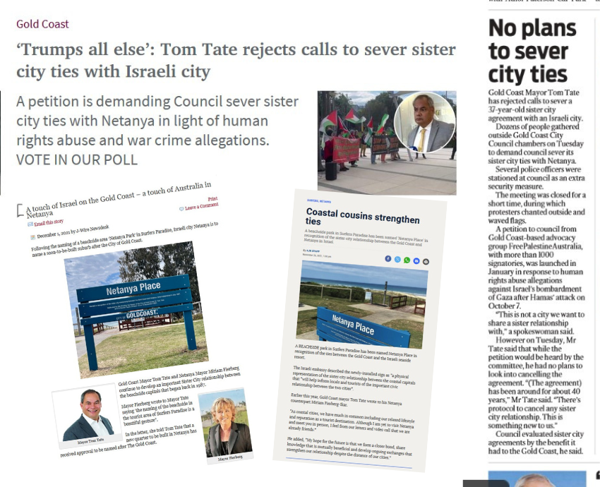 This collage features a May 30 article from the Gold Coast Bulletin and 2021 articles from Jewish news outlets regarding the naming of Netanya Place in Surfers Paradise This collage features a May 30 article from the Gold Coast Bulletin and 2021 articles from Jewish news outlets regarding the naming of Netanya Place in Surfers Paradise