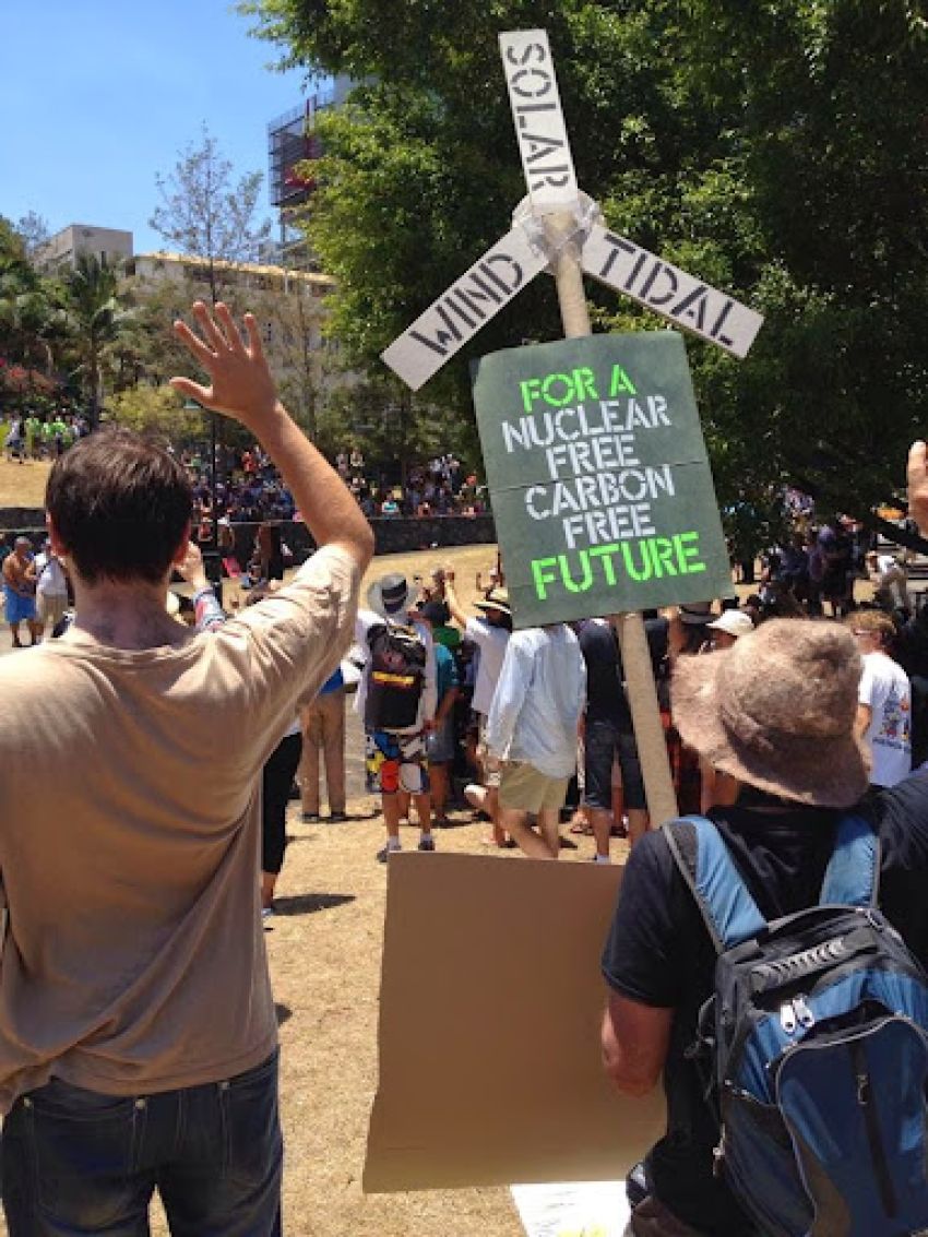 For A Nuclear Free, Carbon Free Future placard, G20 economic forumn protest 2014.