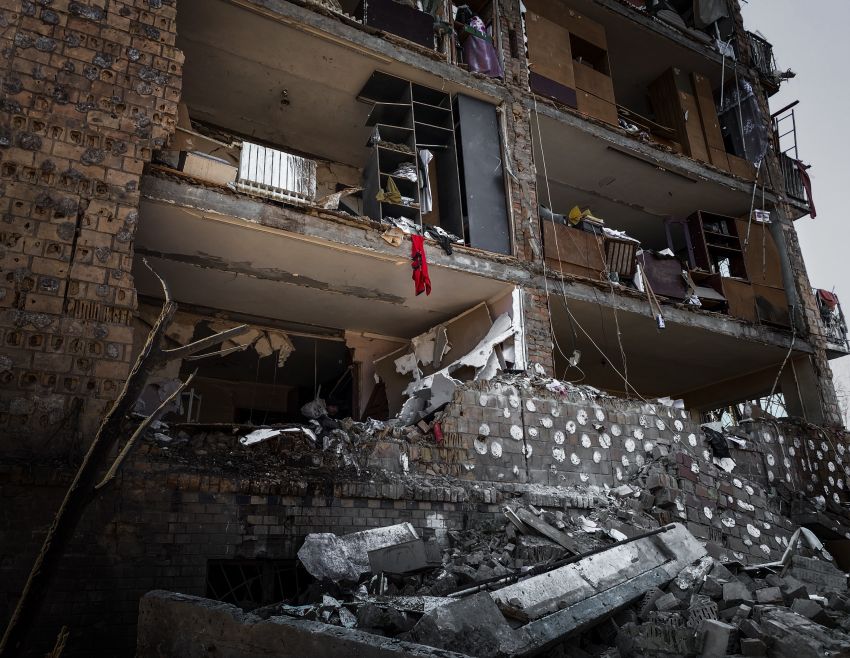 Bombed-out apartment block in Kyiv, Ukraine