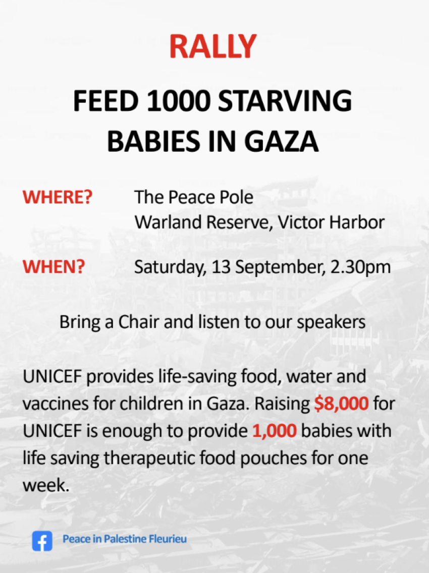 Graphic: Rally - Feed 1000 starving babies in Palestine 13092025