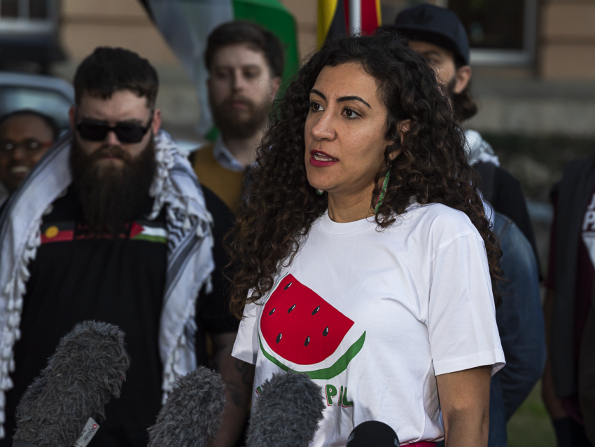 Remah Naji addresses Justice for Palestine media conference