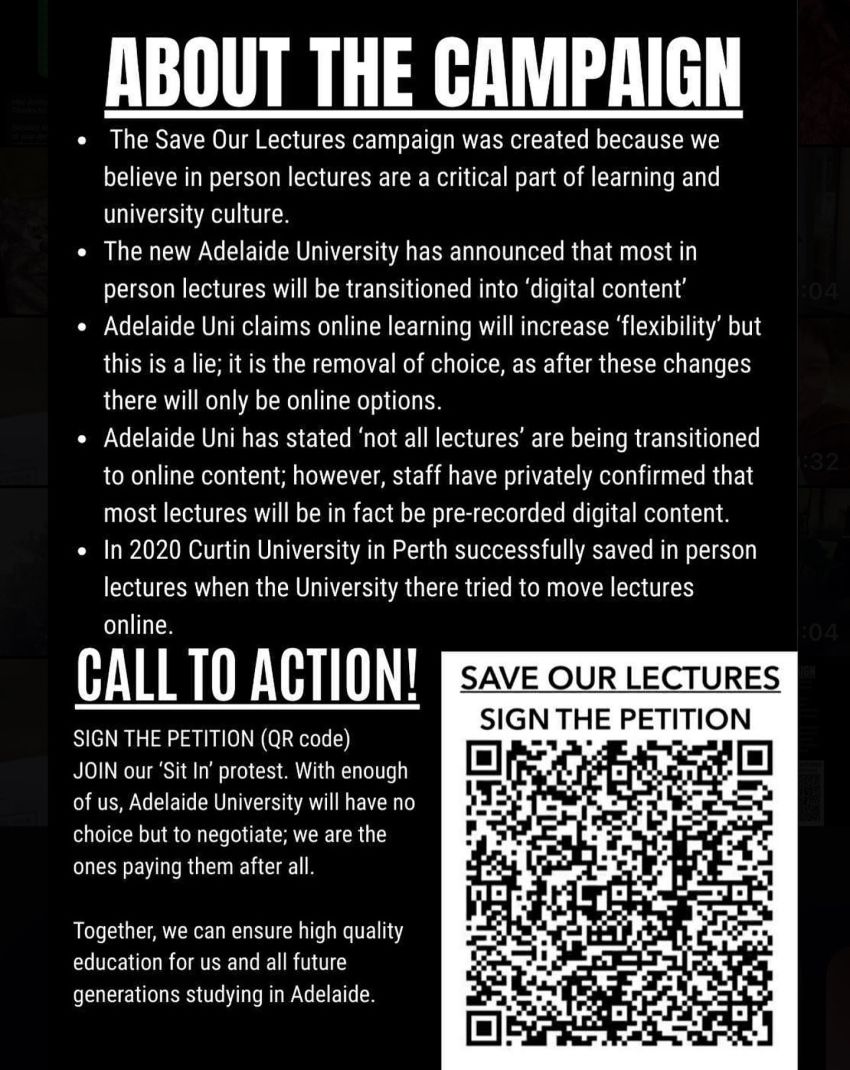 Poster: Save Our Lectures About Campaign 25082025 Adelaide University