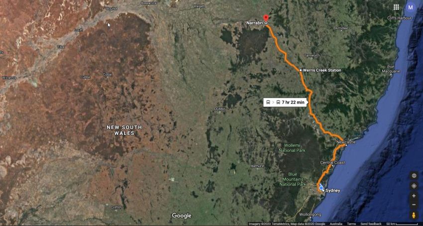 Sydney to Narrabri map
