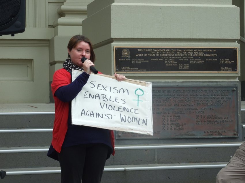 Protester speaking at anti-sexism rally in Geelong